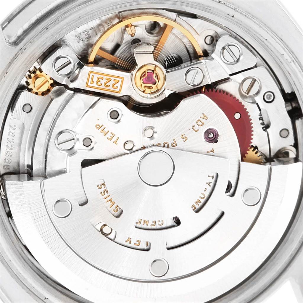 This image shows the movement mechanism of a Rolex Oyster Perpetual 176200 Women
s Stainless Steel Silver Dial 176200 Women
s Stainless Steel Silver Dial watch, viewed from the back.
