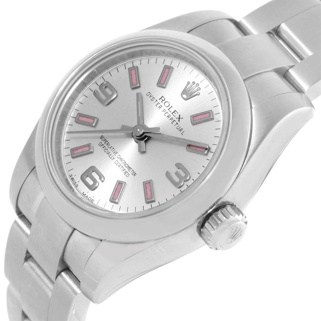 This image shows a side and front angle of the Rolex Oyster Perpetual 176200 Women
s Stainless Steel Silver Dial 176200 Women
s Stainless Steel Silver Dial watch, highlighting its dial, case, crown, and bracelet.