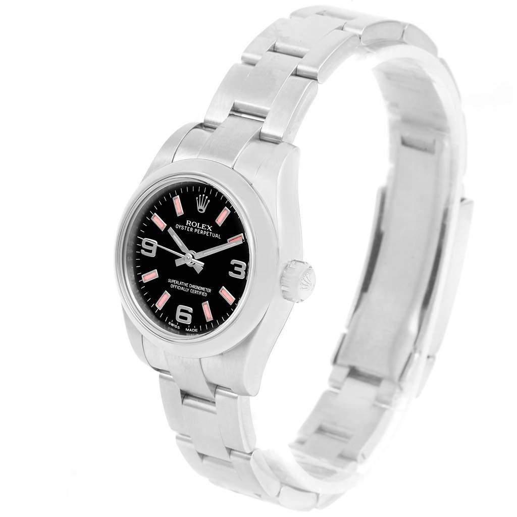 The image shows a Rolex Oyster Perpetual 176200 Women's Stainless Steel Black Dial 176200 Women's Stainless Steel Black Dial watch from a front-side angle, featuring the dial, case, crown, and bracelet.