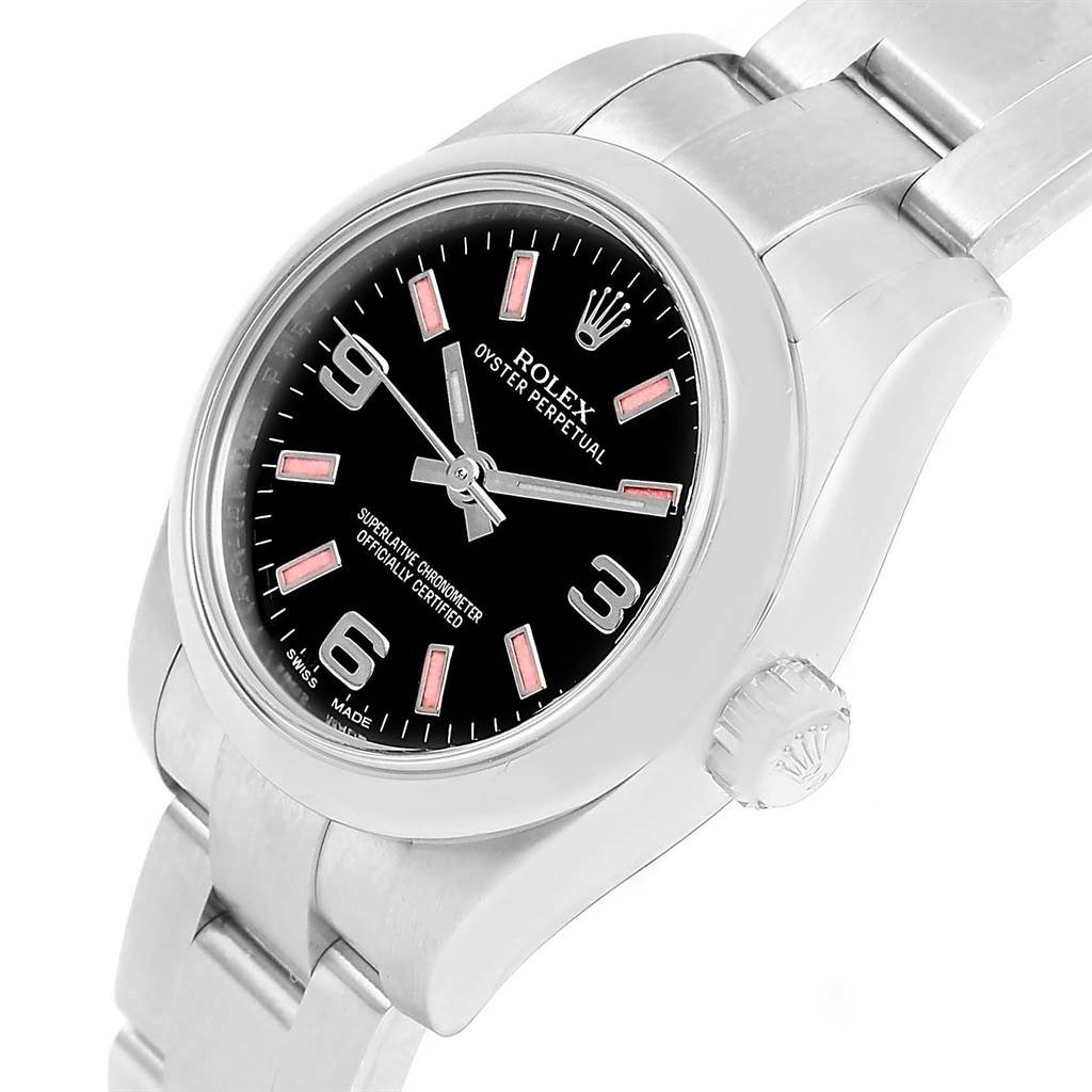 The image shows a Rolex Oyster Perpetual 176200 Women's Stainless Steel Black Dial 176200 Women's Stainless Steel Black Dial watch at a tilted angle, highlighting the face, bezel, crown, and part of the bracelet.