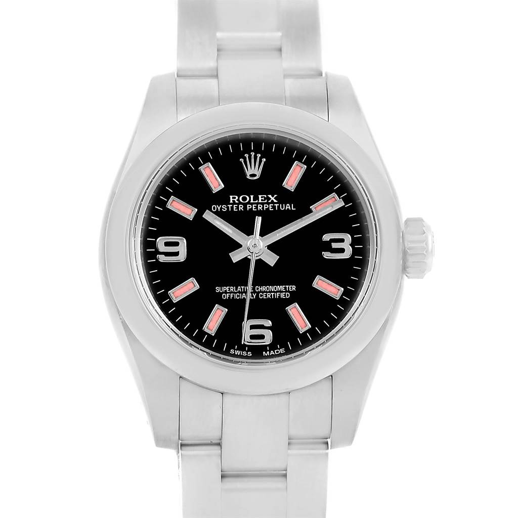 The image shows a front view of a Rolex Oyster Perpetual 176200 Women's Stainless Steel Black Dial 176200 Women's Stainless Steel Black Dial watch, highlighting its black dial, hands, markers, and stainless steel bracelet.