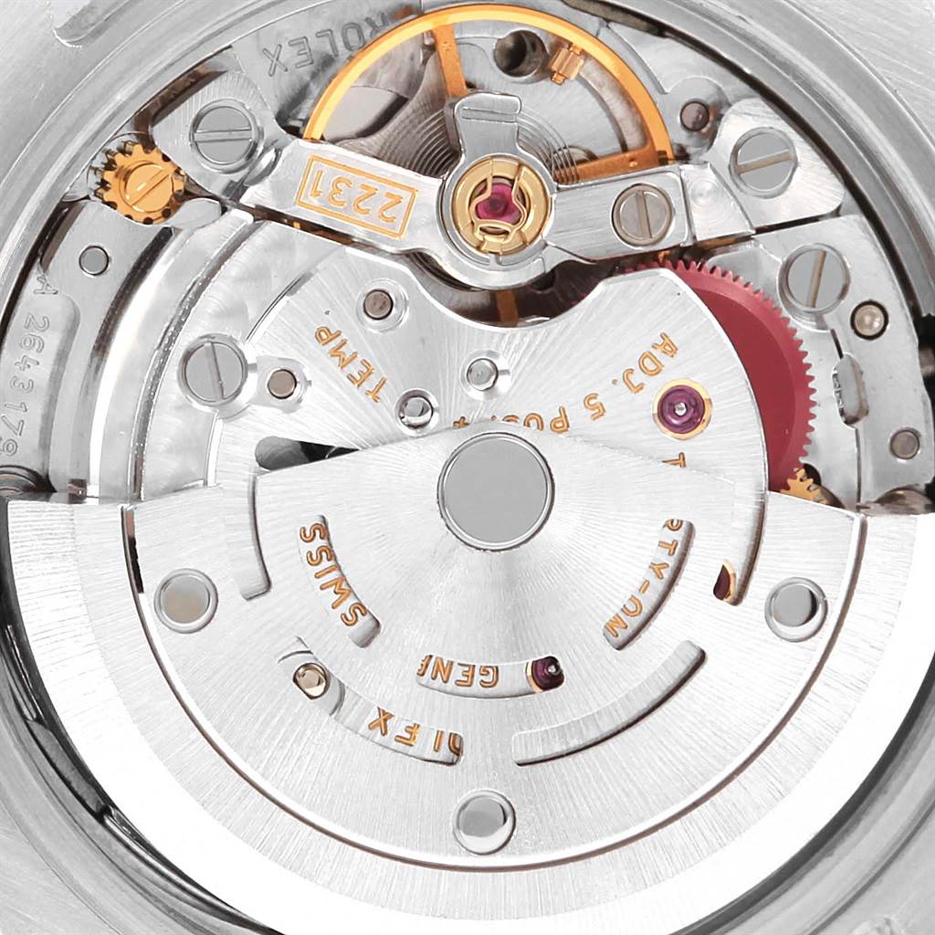 This image shows the detailed inner mechanical movement of a Rolex Oyster Perpetual 176200 Women
s Stainless Steel Silver Dial 176200 Women
s Stainless Steel Silver Dial watch.