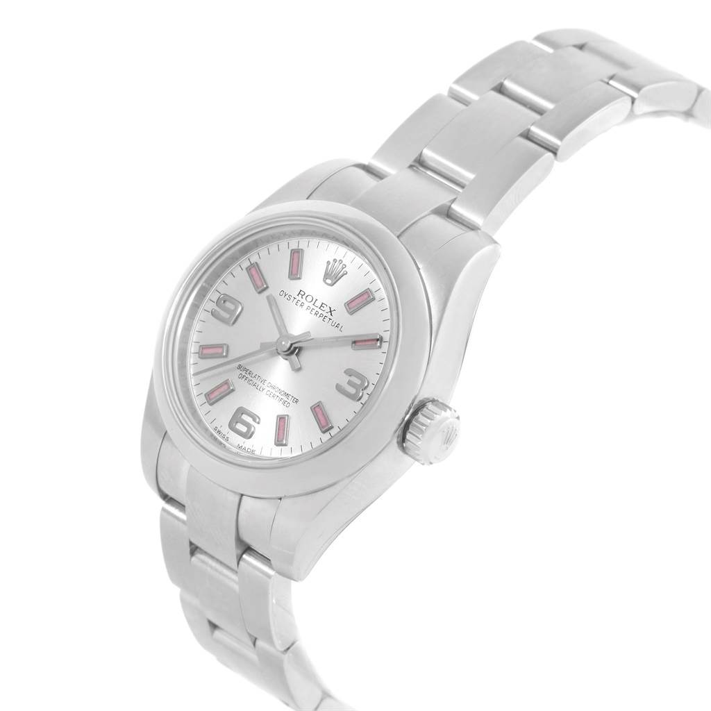 The Rolex Oyster Perpetual 176200 Women
s Stainless Steel Silver Dial 176200 Women
s Stainless Steel Silver Dial watch is shown at an angled perspective, highlighting the dial, bezel, crown, and bracelet.