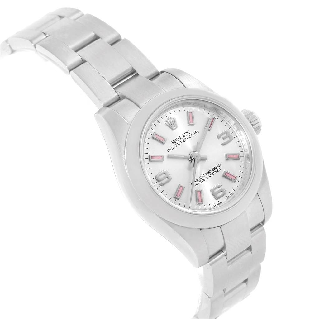 The image shows an angled view of the Rolex Oyster Perpetual 176200 Women
s Stainless Steel Silver Dial 176200 Women
s Stainless Steel Silver Dial watch, highlighting the dial, bezel, and metal bracelet.