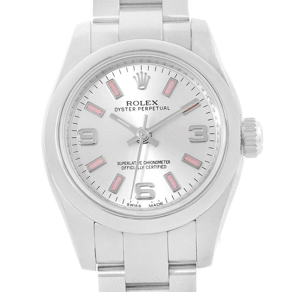 This image shows a front view of a Rolex Oyster Perpetual 176200 Women
s Stainless Steel Silver Dial 176200 Women
s Stainless Steel Silver Dial watch, displaying the dial and part of the bracelet.