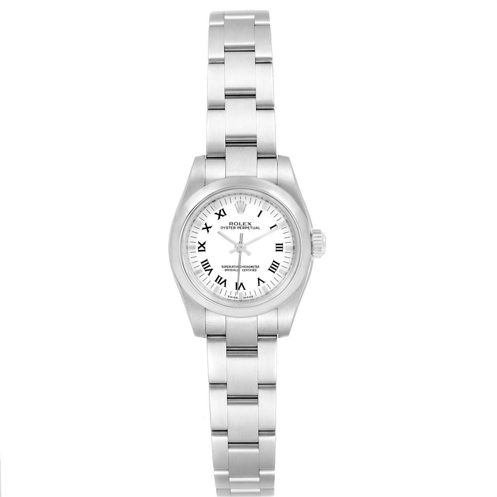 The image shows a front view of the Rolex Oyster Perpetual 176200 Women's Stainless Steel White Dial 176200 Women's Stainless Steel White Dial watch, featuring a stainless steel bracelet and a white dial with Roman numerals.
