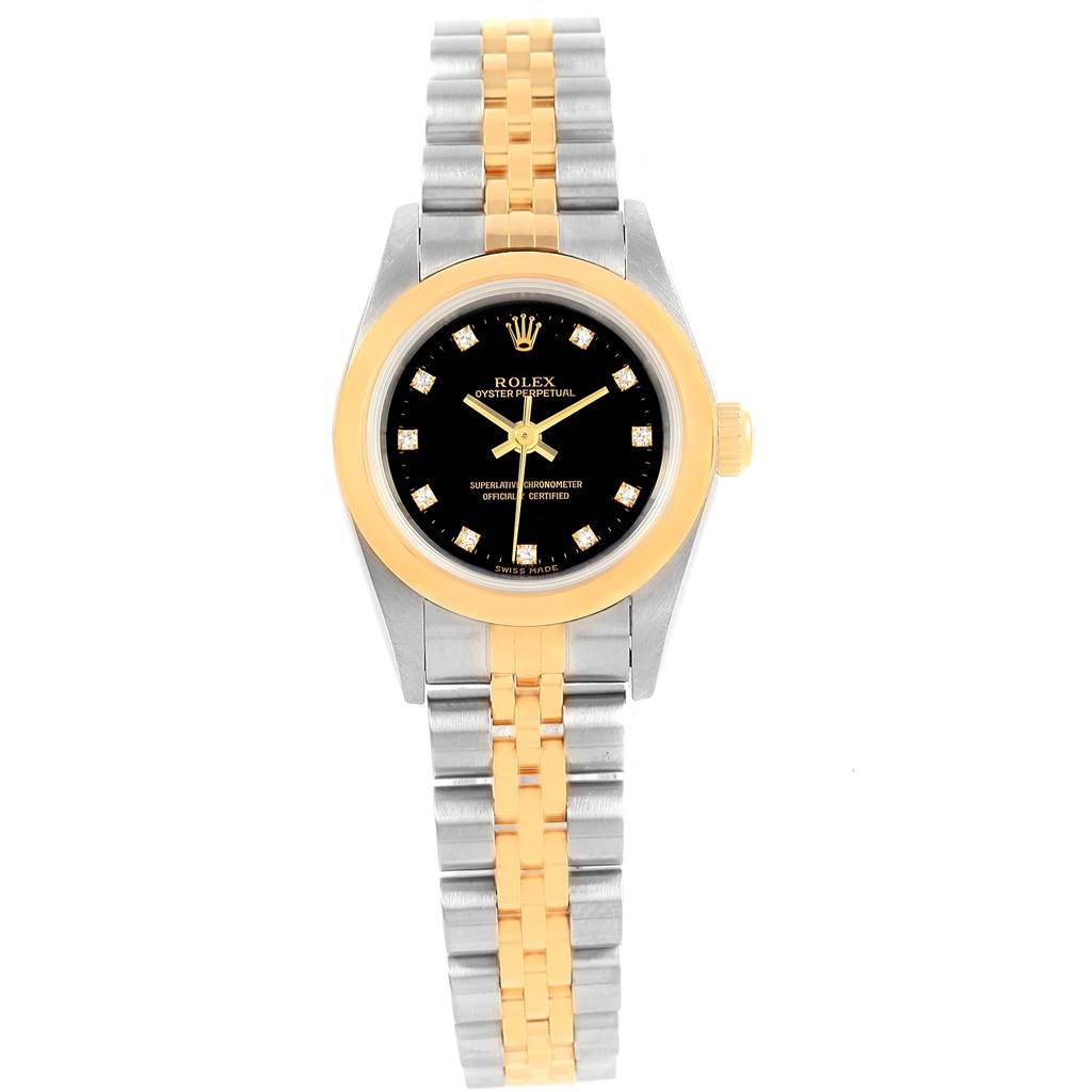 This image shows a Rolex Oyster Perpetual 76183 Women's Steel and Gold (two tone) Black Dial 76183 Women's Steel and Gold (two tone) Black Dial watch in a front view, displaying its bezel, dial, and two-tone bracelet.