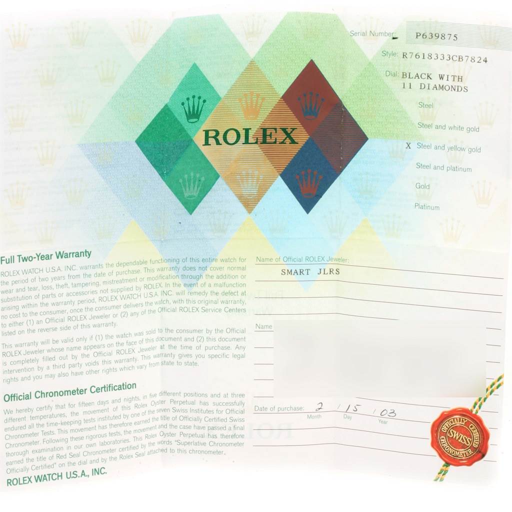 The image shows warranty and certification documents for a Rolex Oyster Perpetual 76183 Women's Steel and Gold (two tone) Black Dial 76183 Women's Steel and Gold (two tone) Black Dial watch.