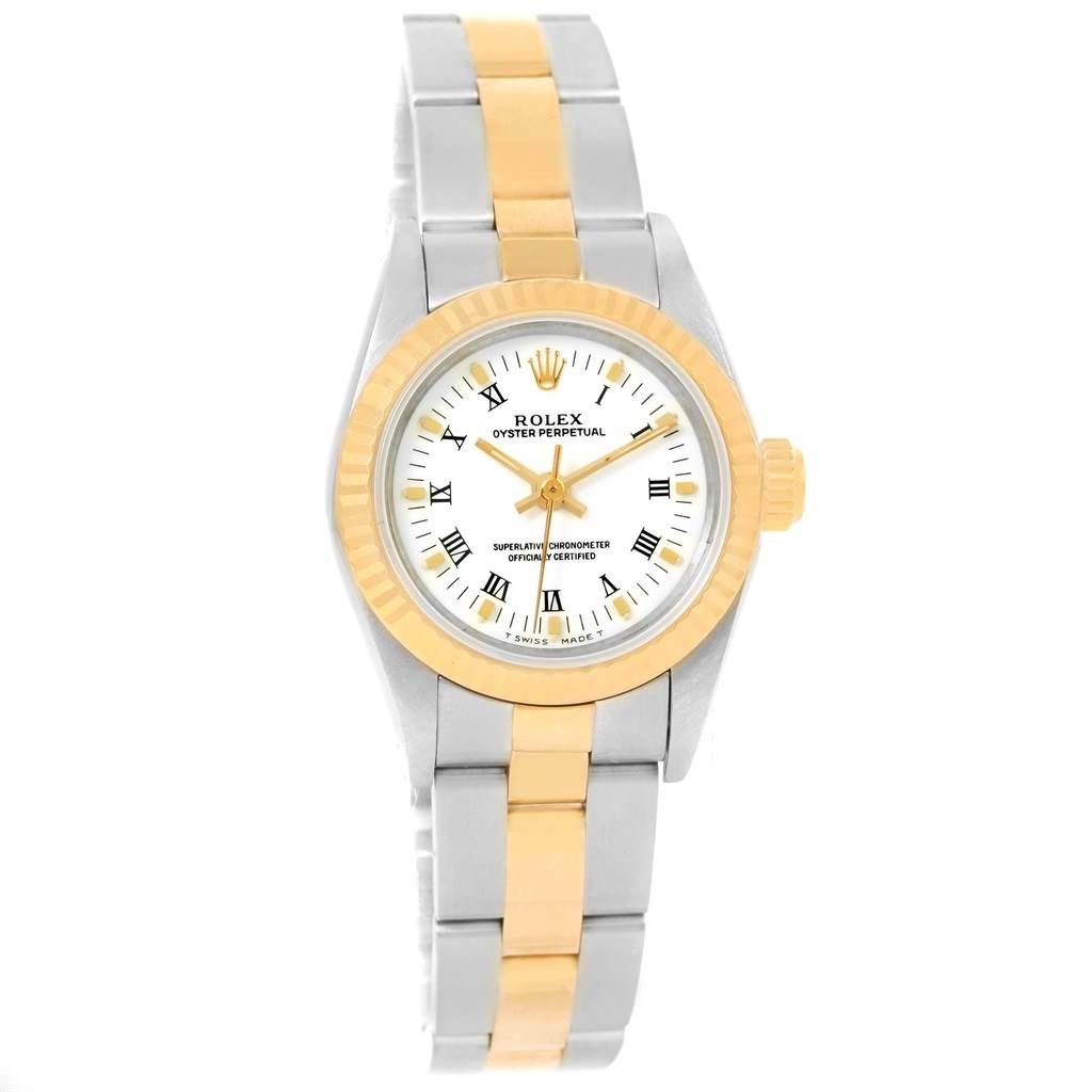 This image shows a front view of a Rolex Oyster Perpetual 67193 Women
s Steel and Gold (two tone) White Dial 67193 Women
s Steel and Gold (two tone) White Dial watch with a two-tone band and white dial.