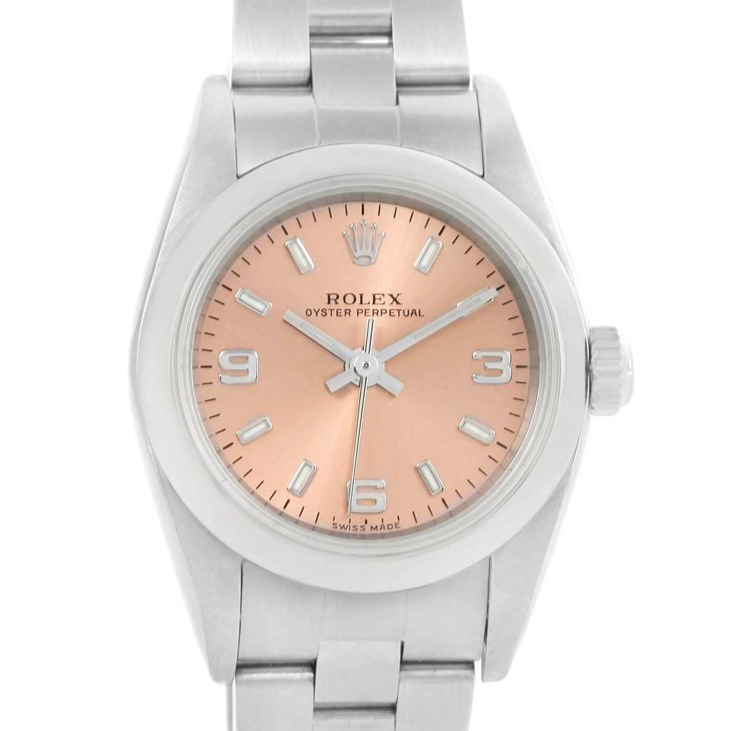 The image shows a front-facing view of the Rolex Oyster Perpetual 76080 Women
s Stainless Steel Pink Dial 76080 Women
s Stainless Steel Pink Dial watch, displaying its dial, hands, crown, and bracelet.