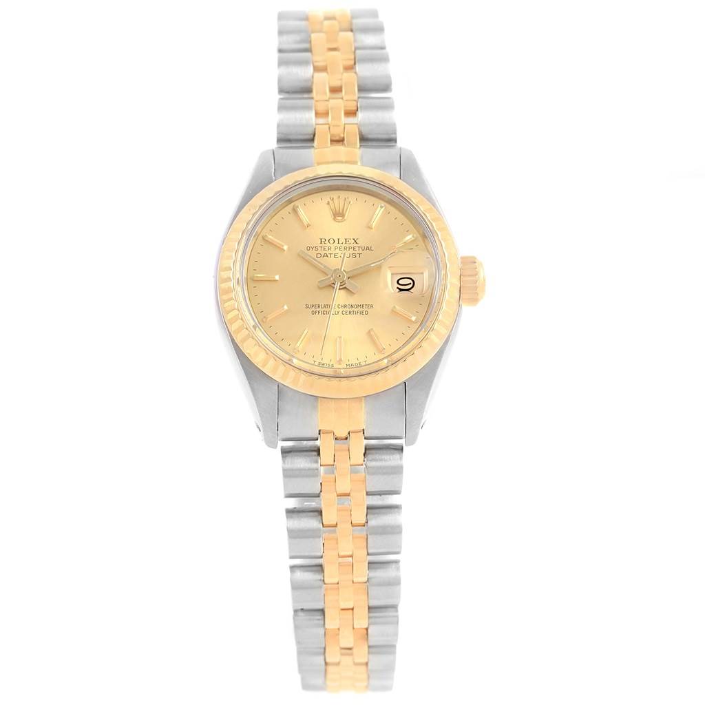 The image shows a front view of a Rolex Oyster Perpetual 6917 Women's Stainless Steel Champagne Dial 6917 Women's Stainless Steel Champagne Dial Datejust watch, highlighting its two-tone bracelet and gold dial.