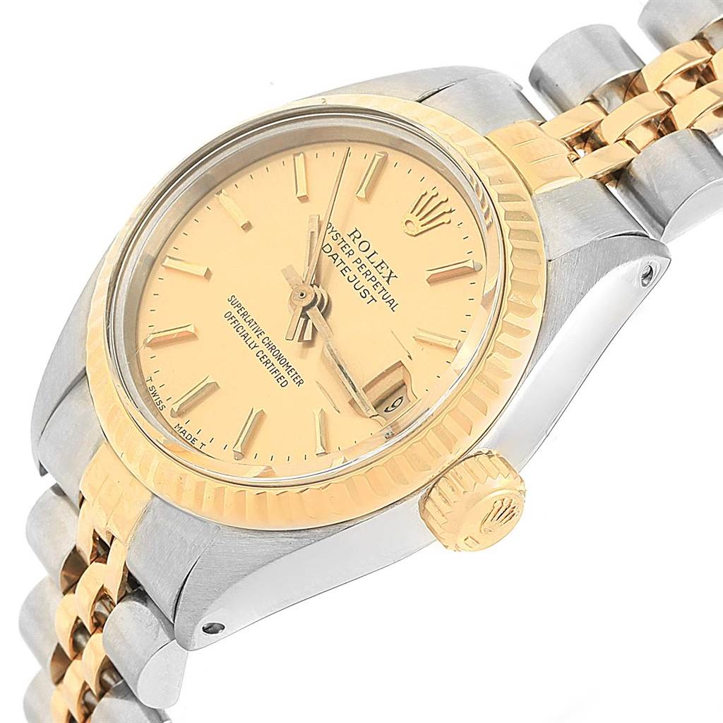 The image shows a close-up angled view of a Rolex Oyster Perpetual 6917 Women's Stainless Steel Champagne Dial 6917 Women's Stainless Steel Champagne Dial watch, highlighting the face, crown, and part of the bracelet.