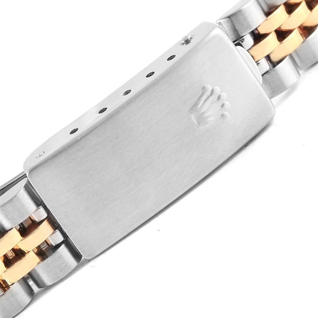 This is a close-up angle of the bracelet clasp of a Rolex Oyster Perpetual 67193 Women's Steel and Gold (two tone) Black Dial 67193 Women's Steel and Gold (two tone) Black Dial watch.