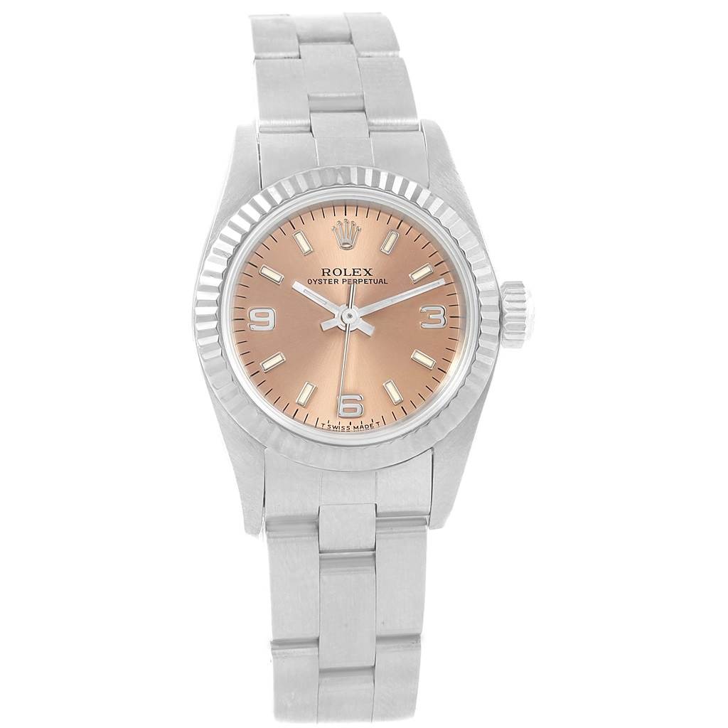 The Rolex Oyster Perpetual 67194 Women's Stainless Steel Pink Dial 67194 Women's Stainless Steel Pink Dial watch is shown from a top view, displaying its face, bezel, dial, and bracelet.