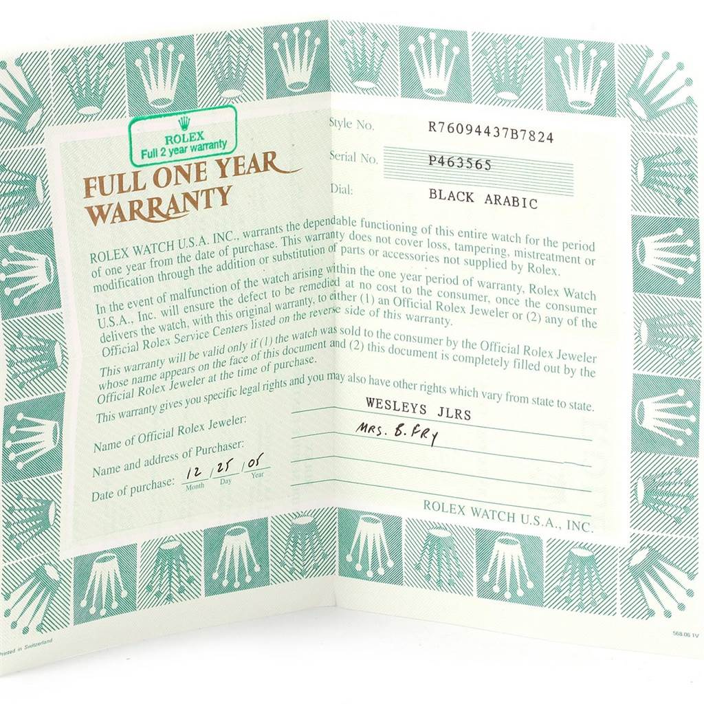 This image shows the warranty card for a Rolex Oyster Perpetual 76094 Women's Stainless Steel Black Dial 76094 Women's Stainless Steel Black Dial watch, highlighting warranty details and purchase information.