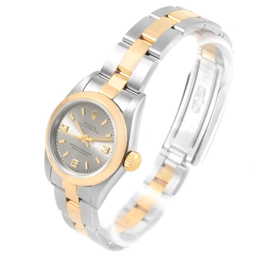 The image shows a Rolex Oyster Perpetual 67183 Women's Steel and Gold (two tone) Grey Dial 67183 Women's Steel and Gold (two tone) Grey Dial watch at a three-quarter angle, highlighting the dial, bezel, crown, and bracelet.
