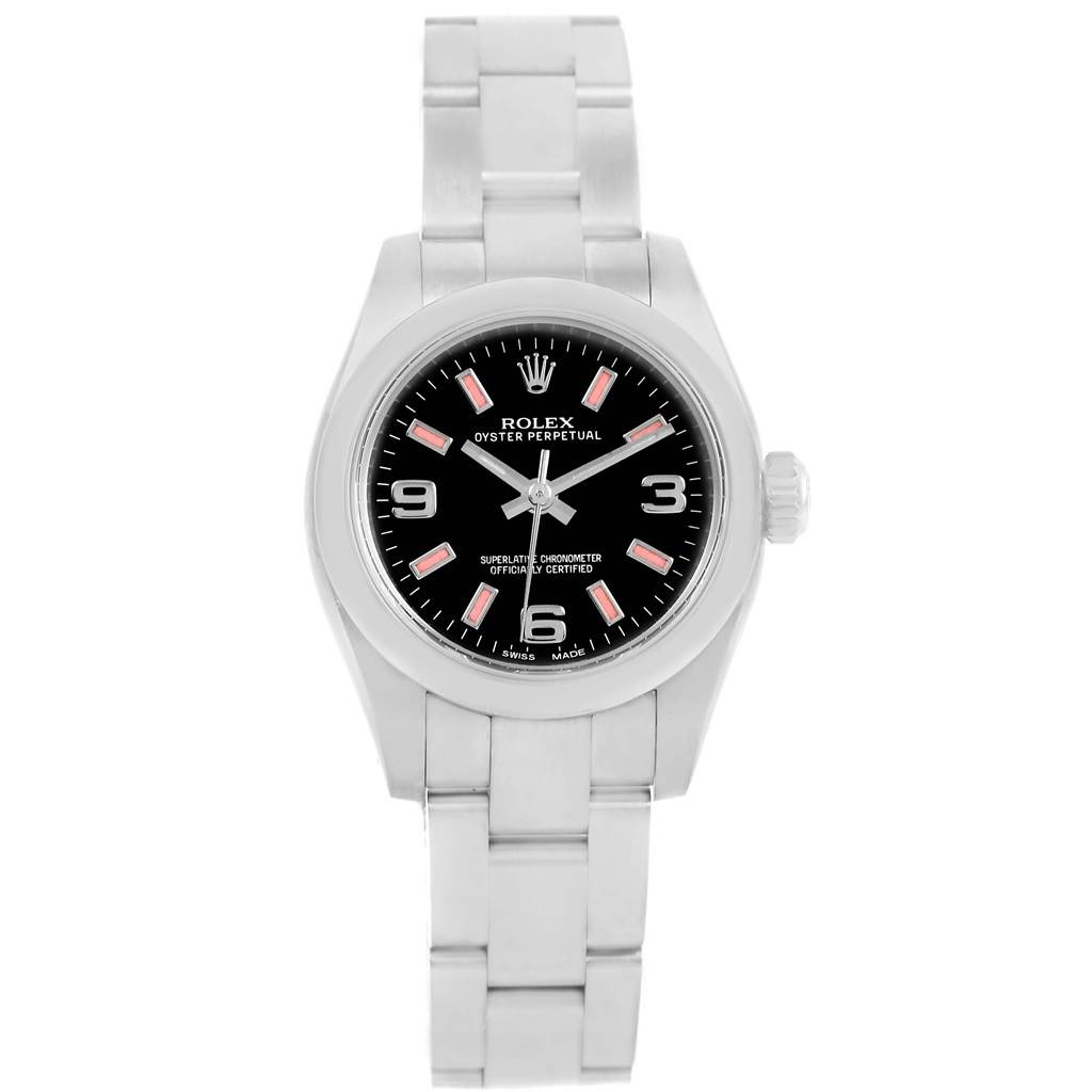 The Rolex Oyster Perpetual 176200 Women's Stainless Steel Black Dial 176200 Women's Stainless Steel Black Dial watch is shown from a top-down angle, displaying its face, crown, and bracelet.