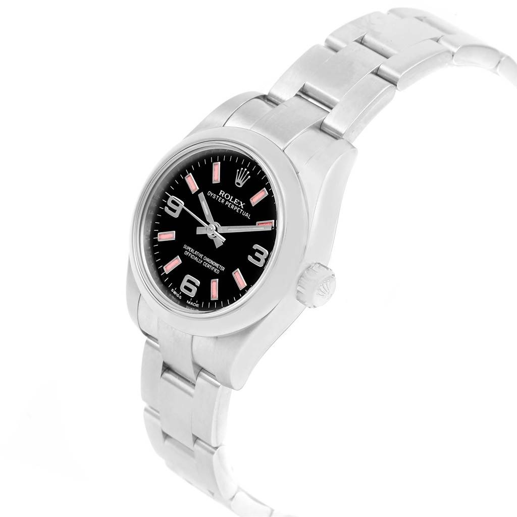 The image shows a Rolex Oyster Perpetual 176200 Women's Stainless Steel Black Dial 176200 Women's Stainless Steel Black Dial watch from a front-side angle, displaying the watch face, bezel, crown, and part of the bracelet.