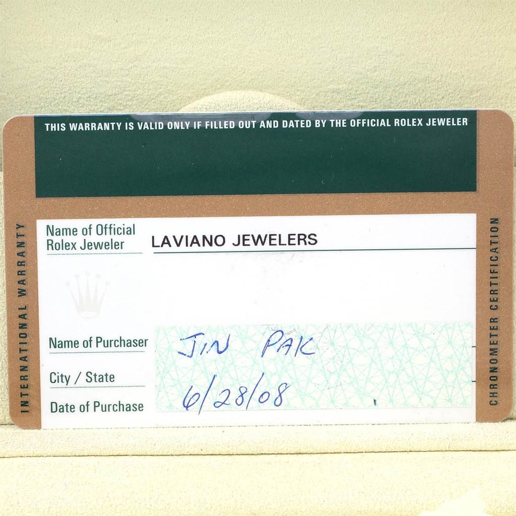 The image shows warranty documentation for a Rolex Oyster Perpetual 176200 Women's Stainless Steel Black Dial 176200 Women's Stainless Steel Black Dial watch from Laviano Jewelers, dated 6/28/08.
