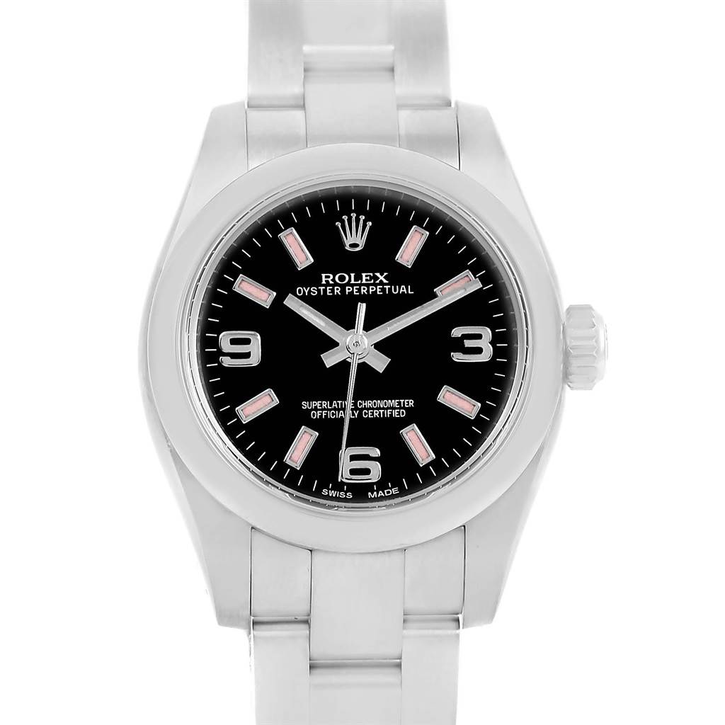 This image shows a front view of the Rolex Oyster Perpetual 176200 Women's Stainless Steel Black Dial 176200 Women's Stainless Steel Black Dial watch, highlighting its black dial and stainless steel bracelet.