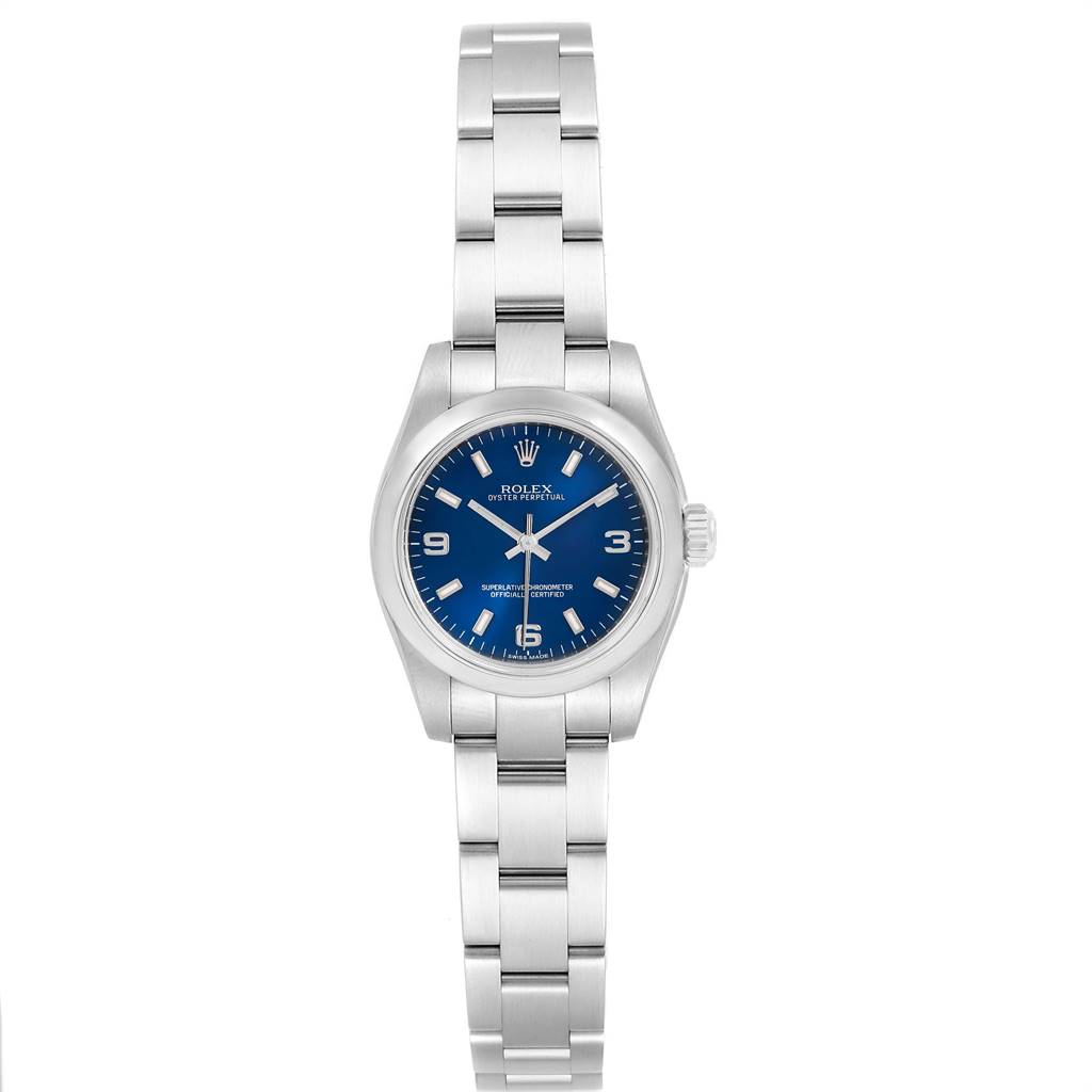 The Oyster Perpetual watch by Rolex is shown from the front, displaying the face, bezel, and bracelet.