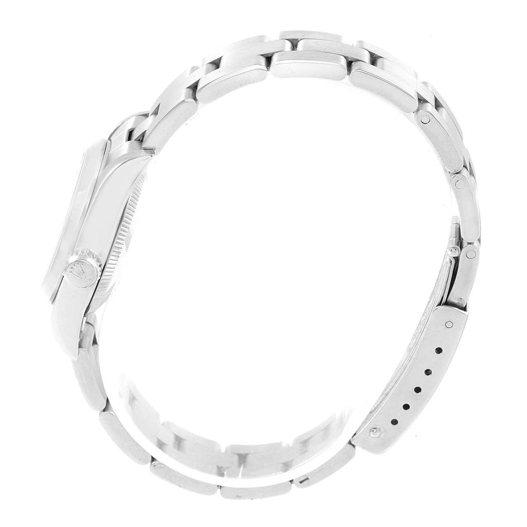 This image shows a side view of a Rolex Oyster Perpetual 67180 Women
s Stainless Steel Pink Dial 67180 Women
s Stainless Steel Pink Dial watch, focusing on its bracelet and clasp.