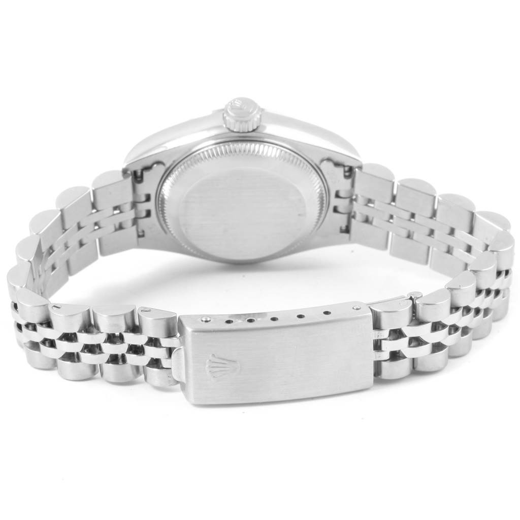 This image shows the back of a Rolex Oyster Perpetual 79160 Women's Stainless Steel Blue Dial 79160 Women's Stainless Steel Blue Dial watch, including the case back, crown, and bracelet clasp.