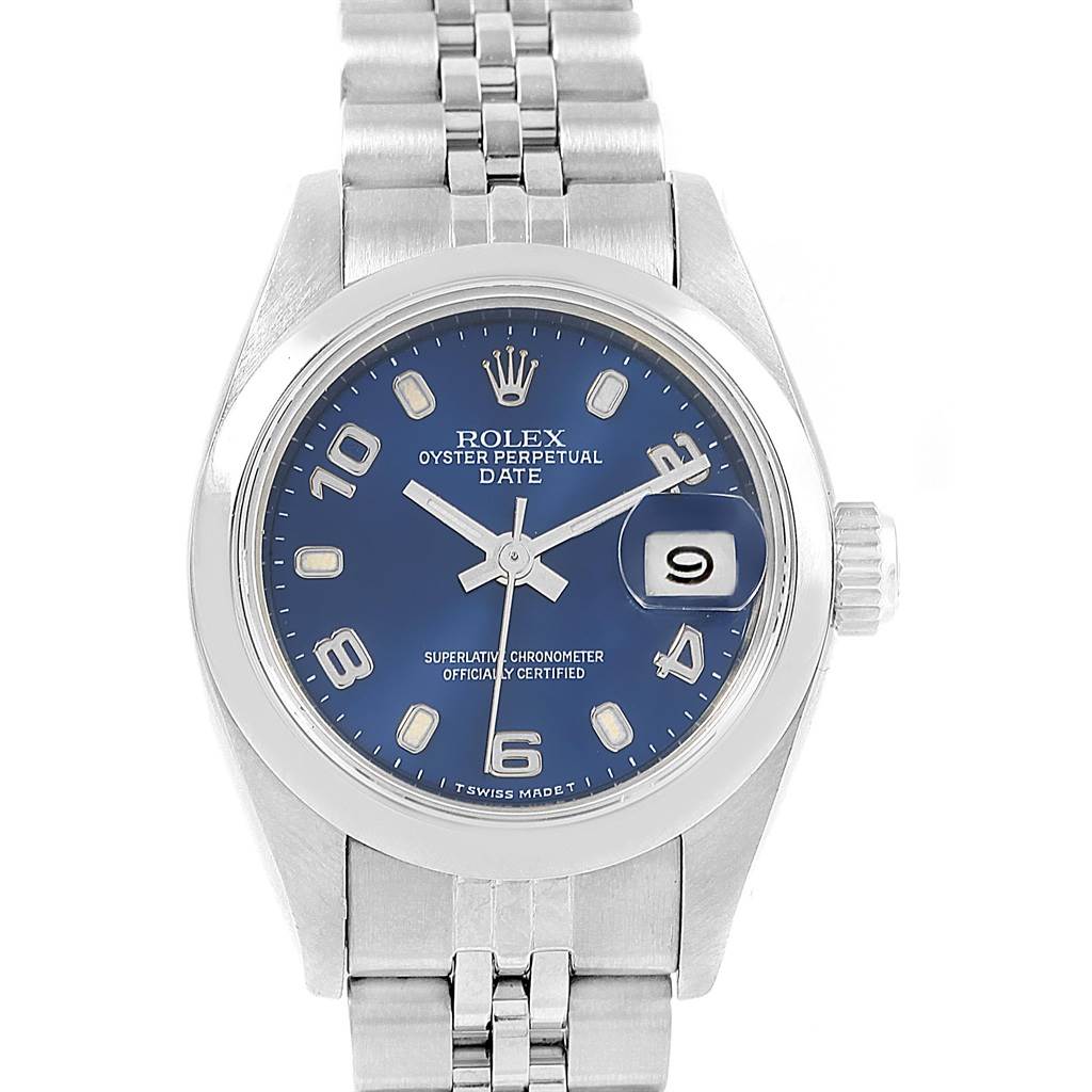 The image shows a front view of a Rolex Oyster Perpetual 79160 Women's Stainless Steel Blue Dial 79160 Women's Stainless Steel Blue Dial watch featuring a blue dial and a metal bracelet.