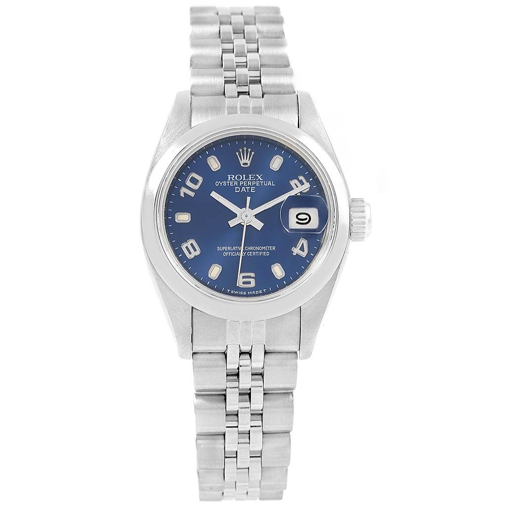 The image shows a front view of a Rolex Oyster Perpetual 79160 Women's Stainless Steel Blue Dial 79160 Women's Stainless Steel Blue Dial model, displaying its dial, crown, and bracelet.