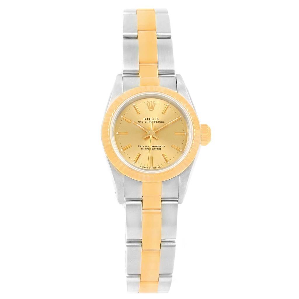 This image shows a front view of a Rolex Oyster Perpetual 67193 Women's Steel and Gold (two tone) Champagne Dial 67193 Women's Steel and Gold (two tone) Champagne Dial watch, featuring a two-tone metal bracelet and a yellow dial.