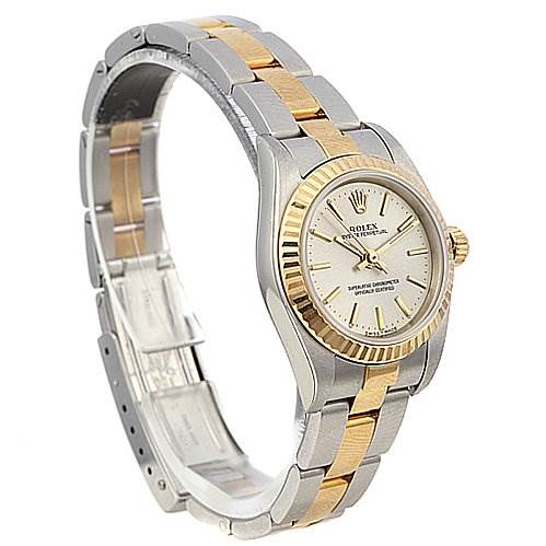 The image shows a Rolex Oyster Perpetual 76193 Women's Stainless Steel Silver Dial 76193 Women's Stainless Steel Silver Dial watch at a side angle, highlighting its two-tone bracelet and dial.