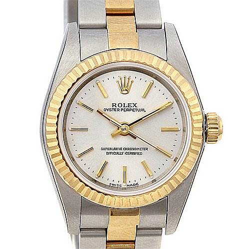 This image shows a front view of a Rolex Oyster Perpetual 76193 Women's Stainless Steel Silver Dial 76193 Women's Stainless Steel Silver Dial watch, highlighting the dial, bezel, and bracelet.