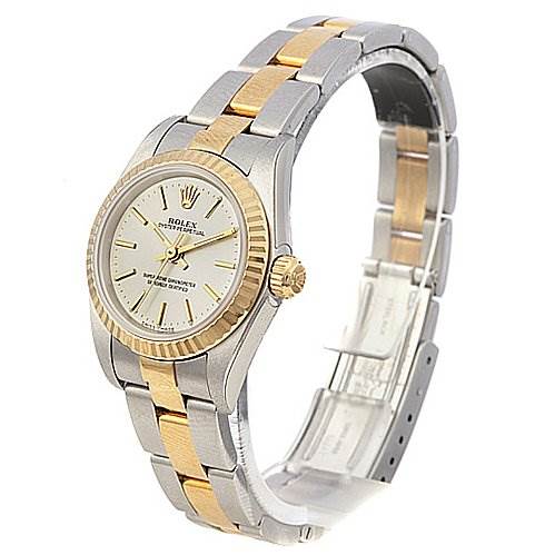 The Rolex Oyster Perpetual 76193 Women's Stainless Steel Silver Dial 76193 Women's Stainless Steel Silver Dial watch is shown at a three-quarter angle, highlighting the face, bezel, and two-tone bracelet.
