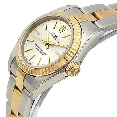 The image shows a Rolex Oyster Perpetual 76193 Women's Stainless Steel Silver Dial 76193 Women's Stainless Steel Silver Dial watch, angled to display the face, bezel, crown, and part of the bracelet.