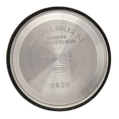 This image shows the inside of the case back of a Rolex Oyster Perpetual 76193 Women's Stainless Steel Silver Dial 76193 Women's Stainless Steel Silver Dial watch, featuring engraved text.