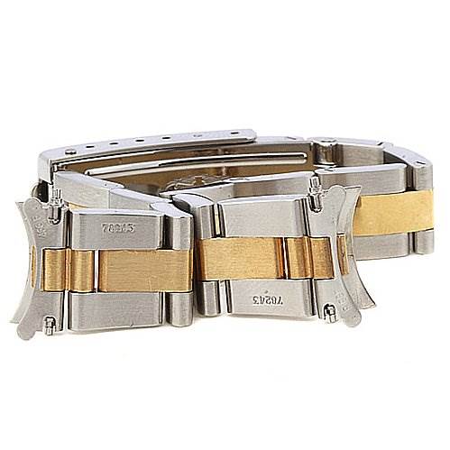This image shows a close-up of a Rolex Oyster Perpetual 76193 Women's Stainless Steel Silver Dial 76193 Women's Stainless Steel Silver Dial watch band in steel and gold, focusing on the clasp and links.