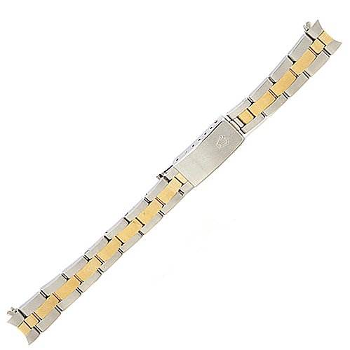 This is a top view of a Rolex Oyster Perpetual 76193 Women's Stainless Steel Silver Dial 76193 Women's Stainless Steel Silver Dial watch bracelet, featuring a two-tone metal design with a deployment clasp.