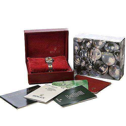 This image shows a Rolex Oyster Perpetual 76193 Women's Stainless Steel Silver Dial 76193 Women's Stainless Steel Silver Dial watch, box, manuals, and related accessories from a front angle.