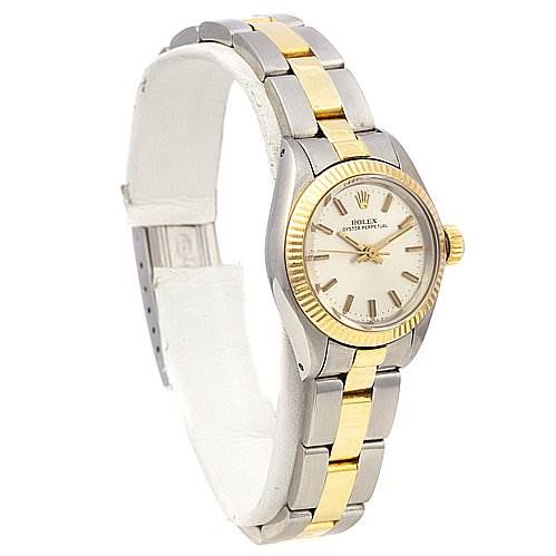 This Rolex Oyster Perpetual 6719 Women's Stainless Steel Silver Dial 6719 Women's Stainless Steel Silver Dial watch is shown at a slight side angle, displaying its face, crown, bezel, and two-tone metal bracelet.