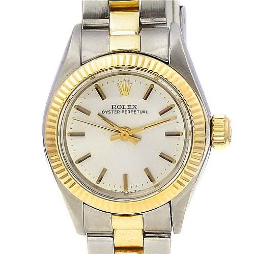The image shows a front view of the Rolex Oyster Perpetual 6719 Women's Stainless Steel Silver Dial 6719 Women's Stainless Steel Silver Dial watch, displaying its dial, bezel, and part of its bracelet.