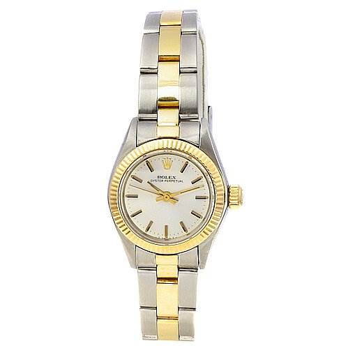 This image shows a front view of the Rolex Oyster Perpetual 6719 Women's Stainless Steel Silver Dial 6719 Women's Stainless Steel Silver Dial watch, highlighting its gold bezel, crown, and two-tone bracelet.