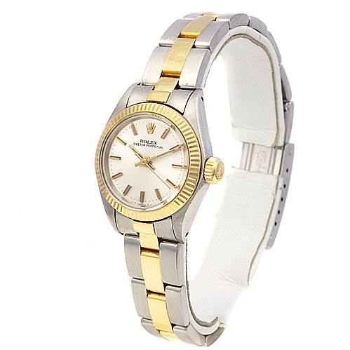 The image shows a Rolex Oyster Perpetual 6719 Women's Stainless Steel Silver Dial 6719 Women's Stainless Steel Silver Dial watch at a slight angle, highlighting its two-tone stainless steel and gold bracelet and case.
