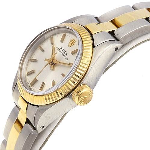 The image shows a side view of a Rolex Oyster Perpetual 6719 Women's Stainless Steel Silver Dial 6719 Women's Stainless Steel Silver Dial watch displaying the dial, bezel, crown, and part of the bracelet.