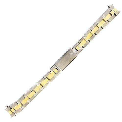 This image shows a top view of a Rolex Oyster Perpetual 6719 Women's Stainless Steel Silver Dial 6719 Women's Stainless Steel Silver Dial watch bracelet with a two-tone metal design.