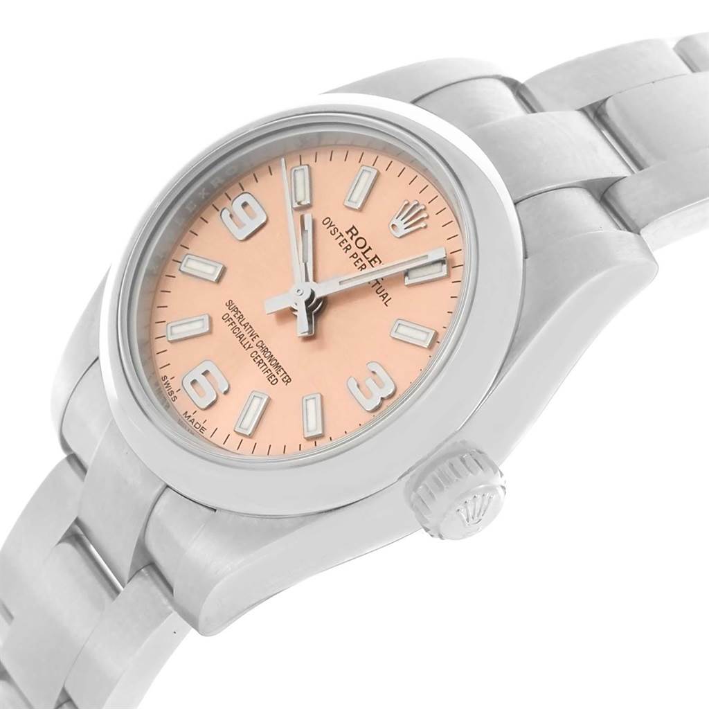 The image shows a Rolex Oyster Perpetual 176200 Women
s Stainless Steel Pink Dial 176200 Women
s Stainless Steel Pink Dial watch from a side angle, highlighting its face, crown, and part of the bracelet.