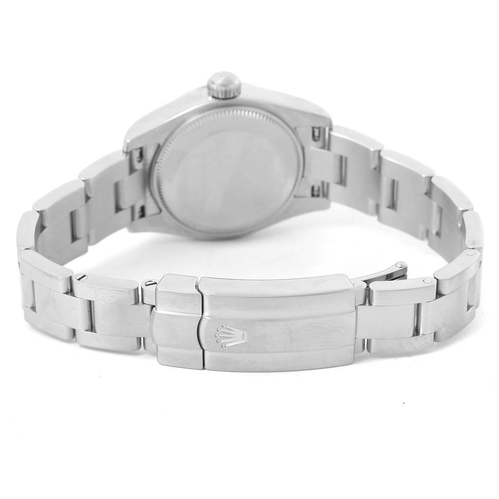 The image shows the back view of a Rolex Oyster Perpetual 176200 Women
s Stainless Steel Pink Dial 176200 Women
s Stainless Steel Pink Dial watch, focusing on the bracelet and clasp.