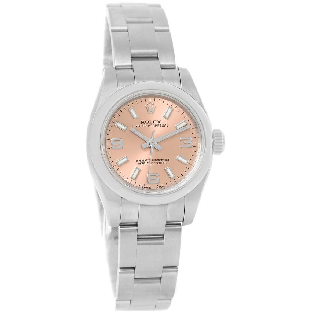 This image shows a Rolex Oyster Perpetual 176200 Women
s Stainless Steel Pink Dial 176200 Women
s Stainless Steel Pink Dial watch from a front angle, highlighting its bracelet, case, and dial.