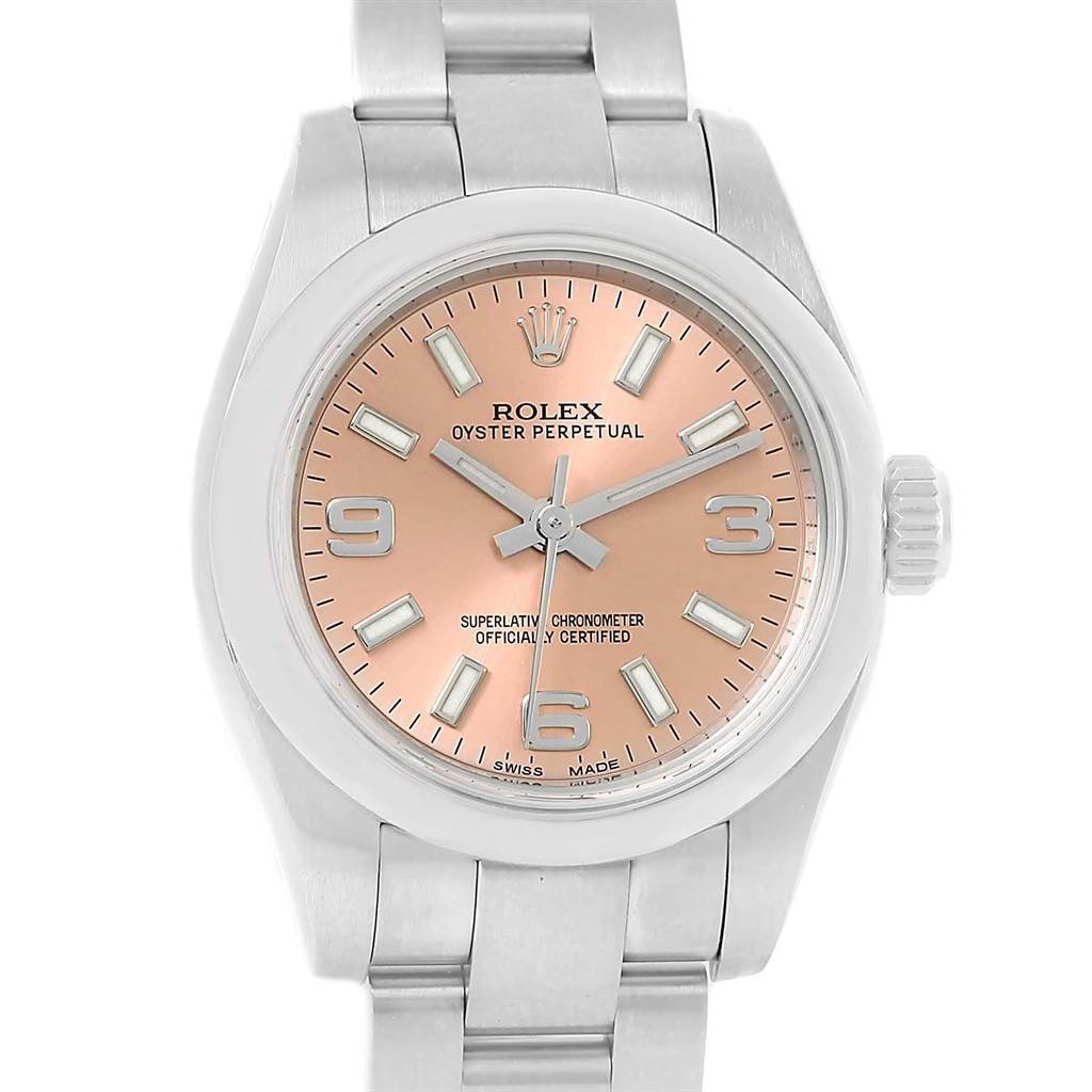 The image shows a front view of a Rolex Oyster Perpetual 176200 Women
s Stainless Steel Pink Dial 176200 Women
s Stainless Steel Pink Dial watch, featuring a pink dial and stainless steel bracelet.