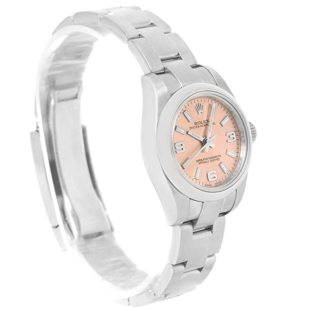 The image shows a Rolex Oyster Perpetual 176200 Women
s Stainless Steel Pink Dial 176200 Women
s Stainless Steel Pink Dial watch at a three-quarter angle, highlighting the dial, bracelet, and clasp.