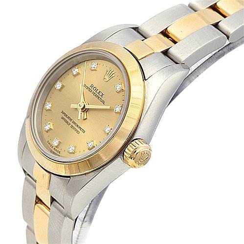 The image shows a front-angled view of a Rolex Oyster Perpetual 76183 Women's Stainless Steel Champagne Dial 76183 Women's Stainless Steel Champagne Dial watch, highlighting its face, bezel, and bracelet.